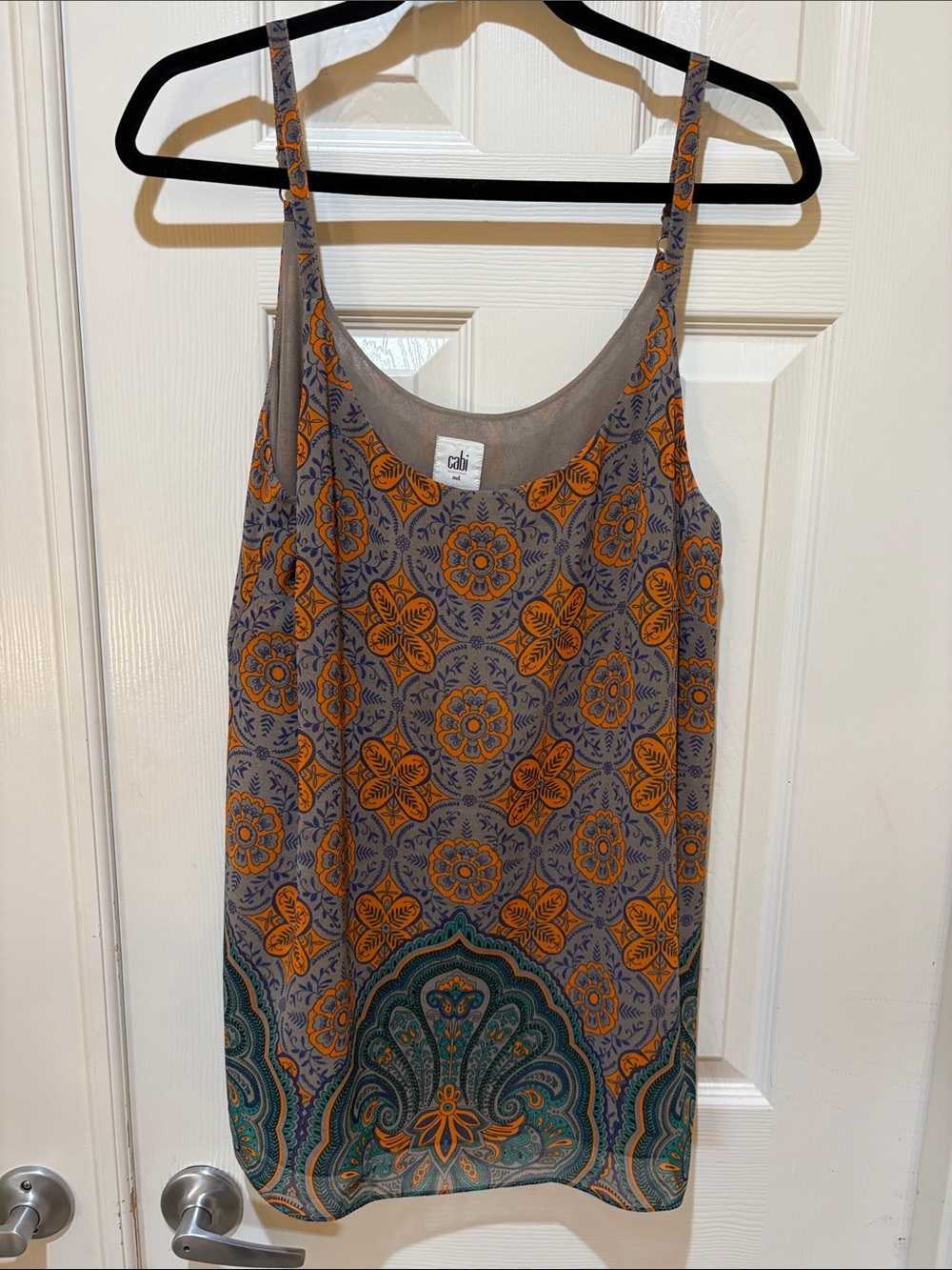 CAbi Gray Tank with Orange Medallion & Teal Border